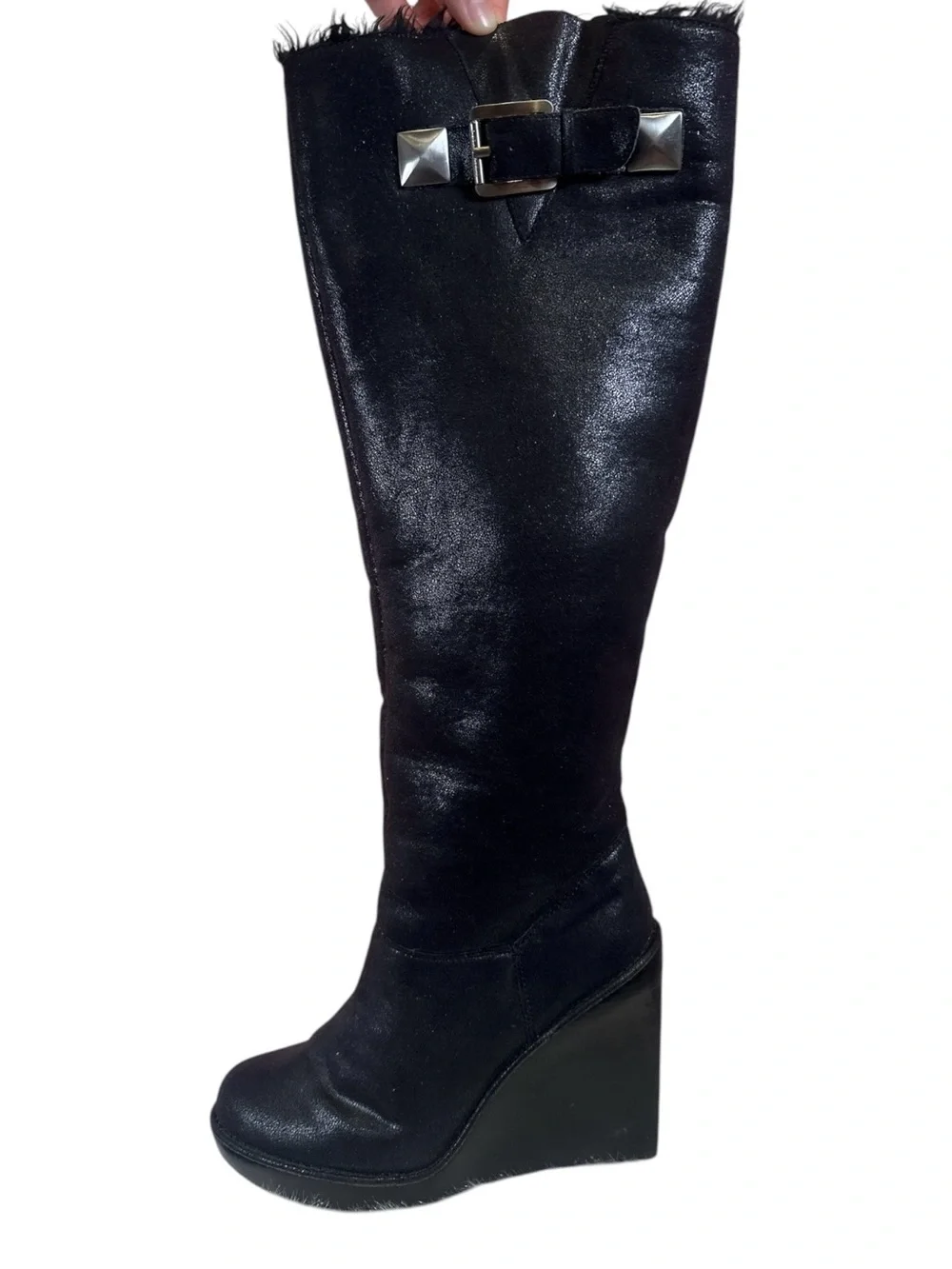 Michael Kors Black Knee-High Wedge Boots with Stud Buckle